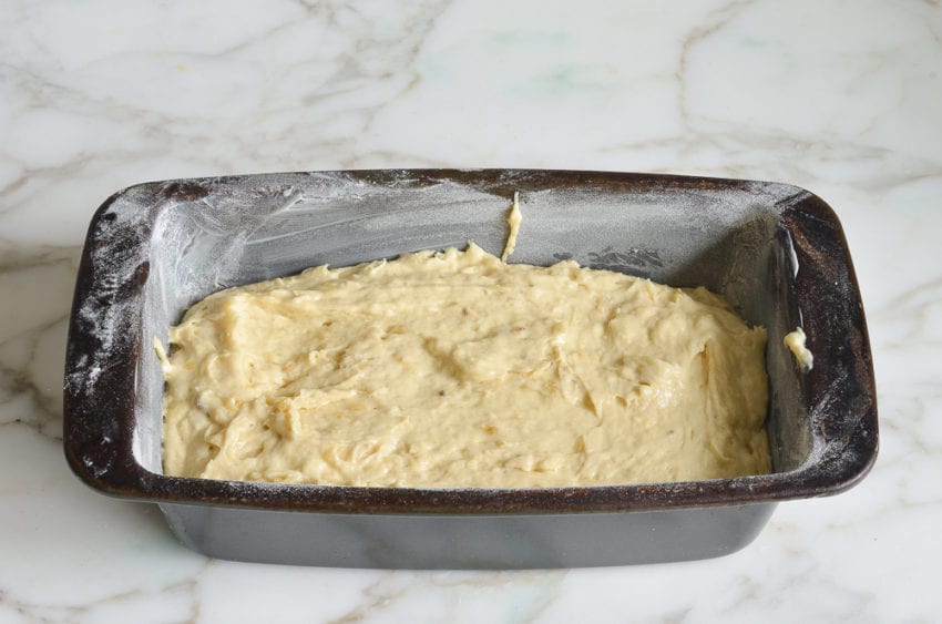 banana bread batter in loaf pan ready to bake.