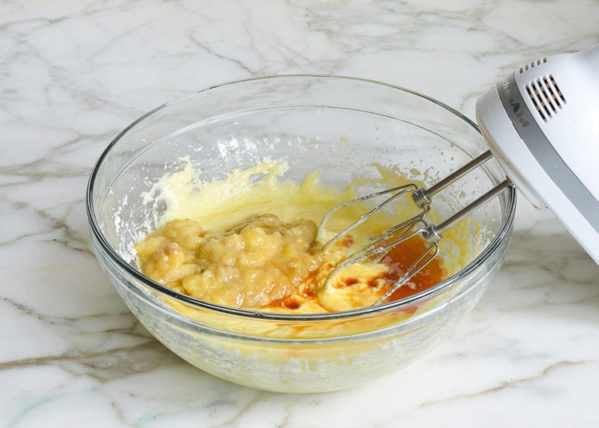 adding the mashed bananas, lemon and vanilla.
