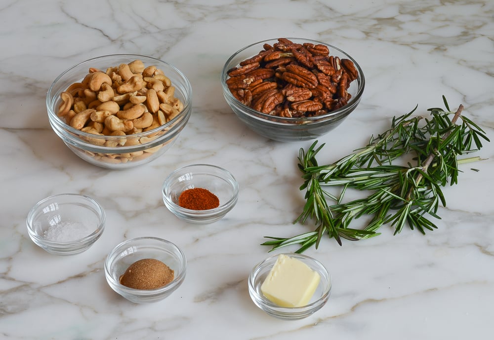 Ingredients including rosemary, butter, and nuts.