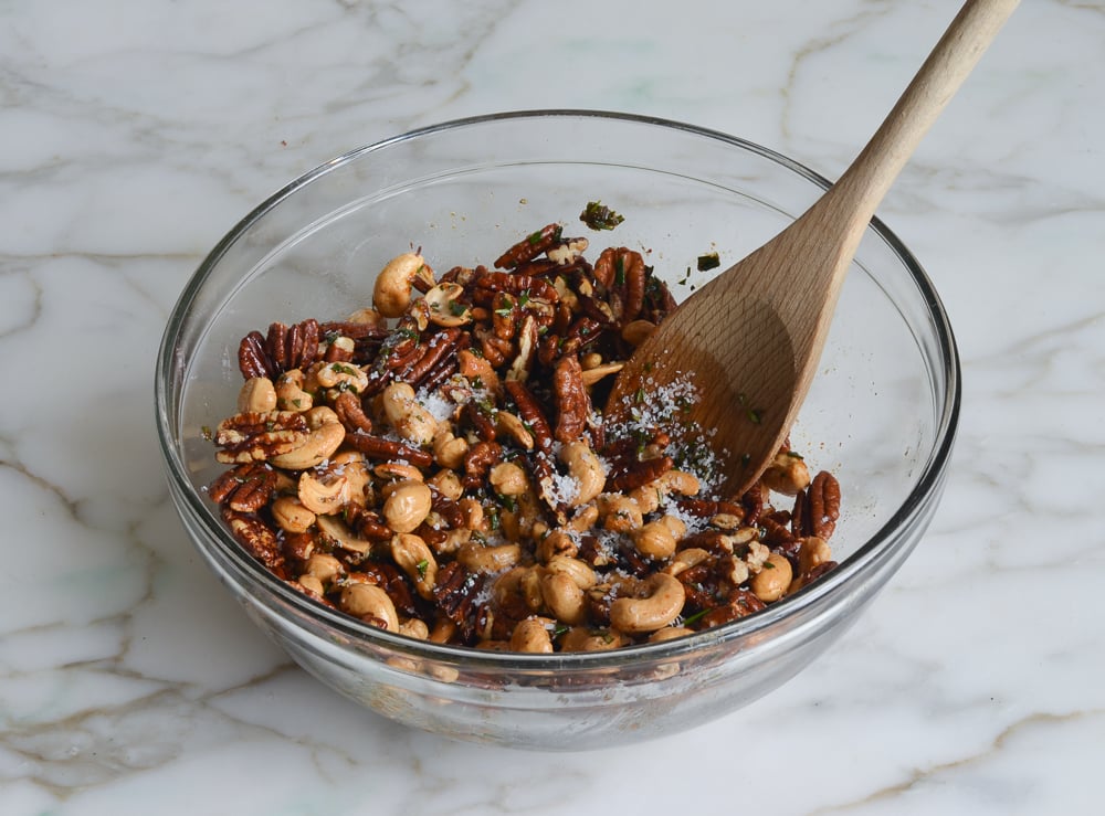 Nuts tossed with a rosemary mixture.