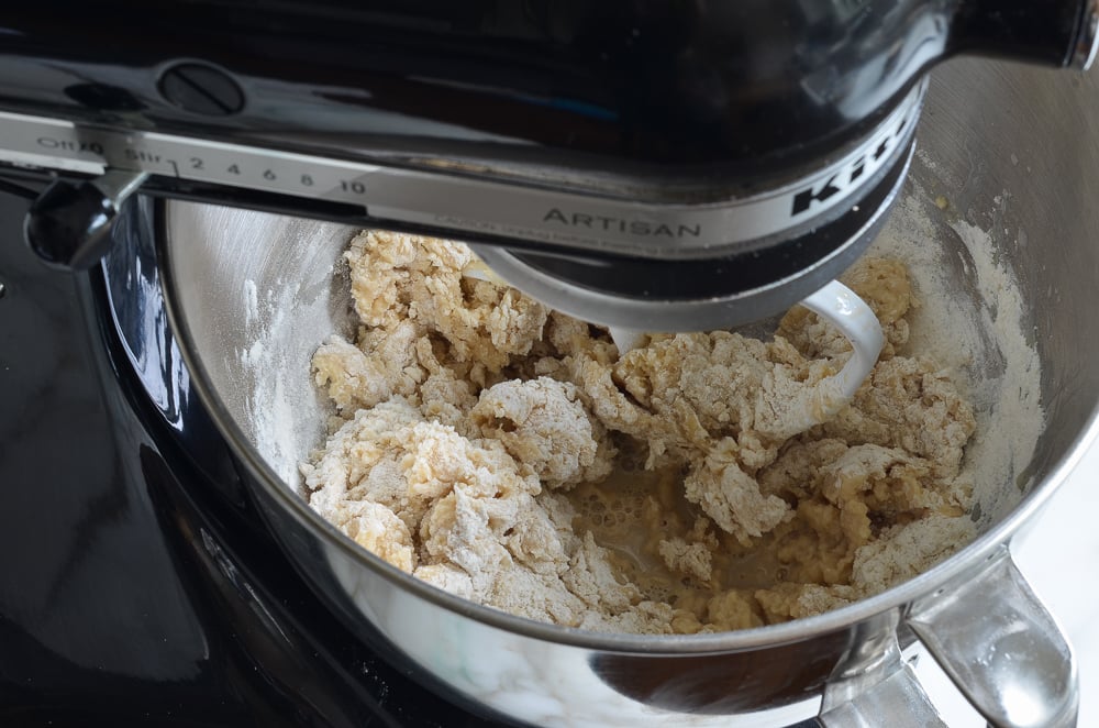 adding milk mixture to dry ingredients