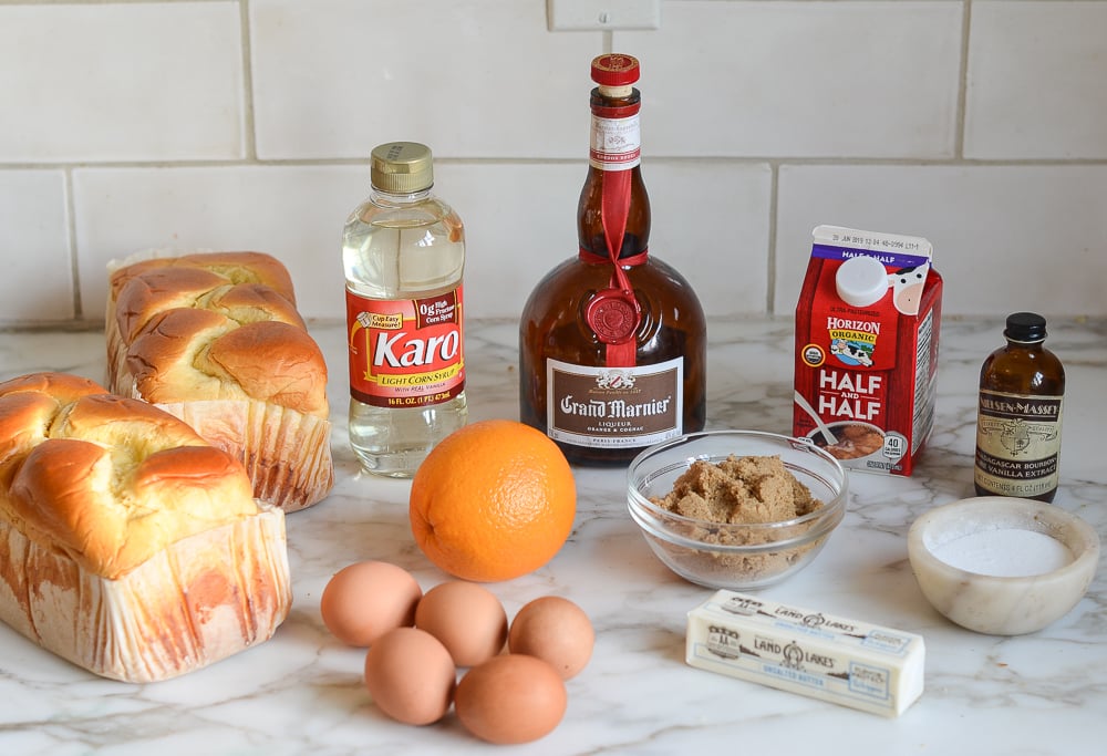 Casserole ingredients including half and half, corn syrup, and eggs.