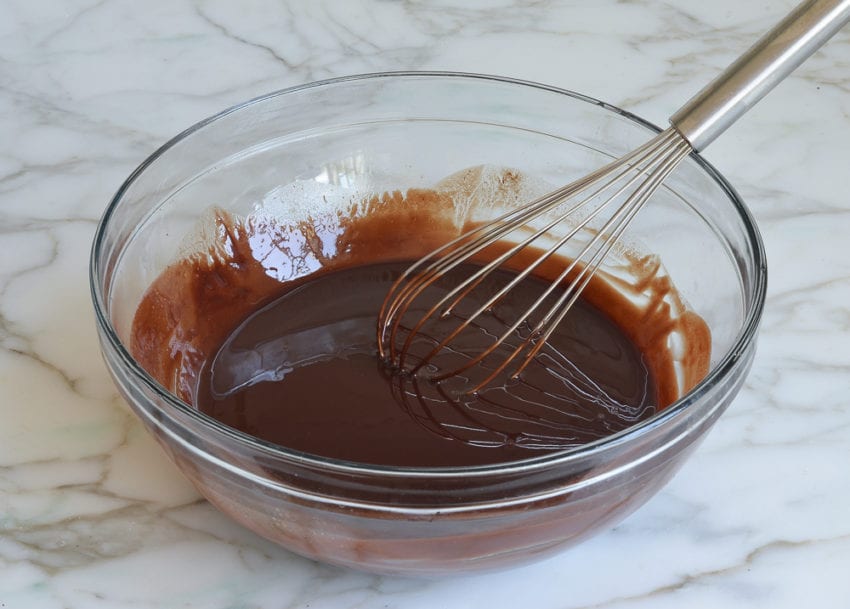 melted chocolate and butter whisked together in mixing bowl