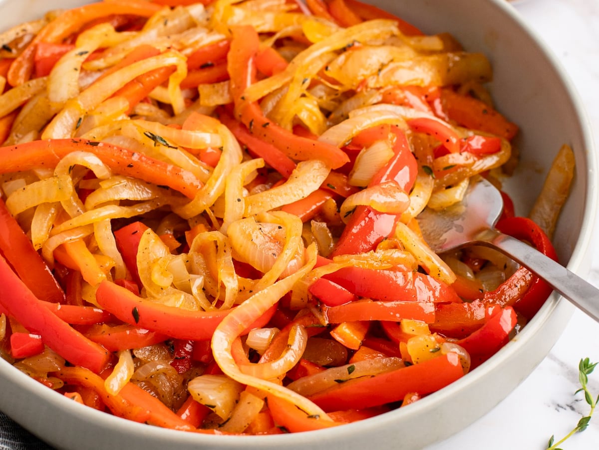 onions and peppers in bowl