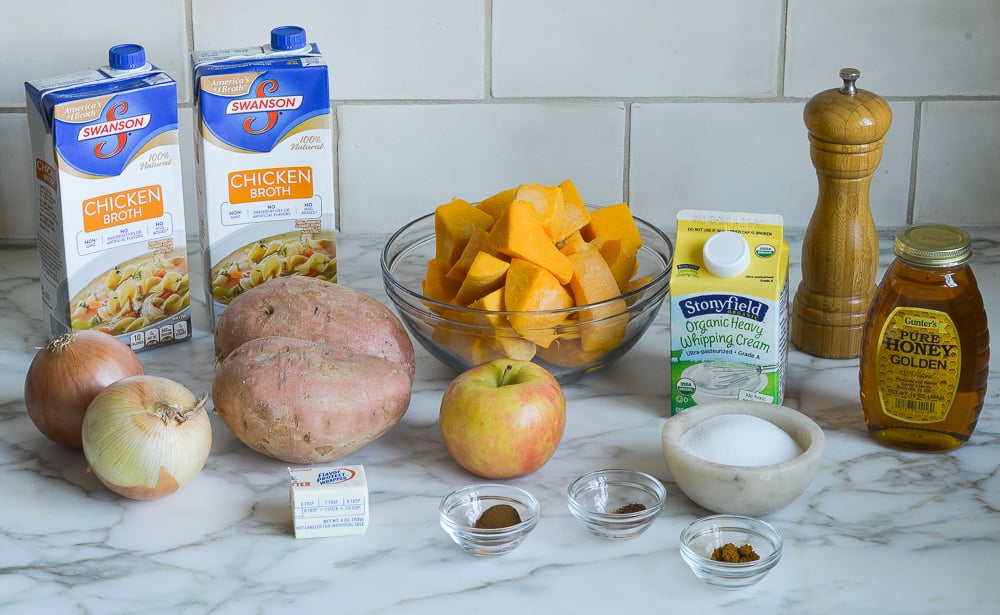Soup ingredients including heavy cream, apple, and chicken broth.