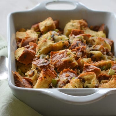 Baking dish of challah, wild mushroom, and herb stuffing.