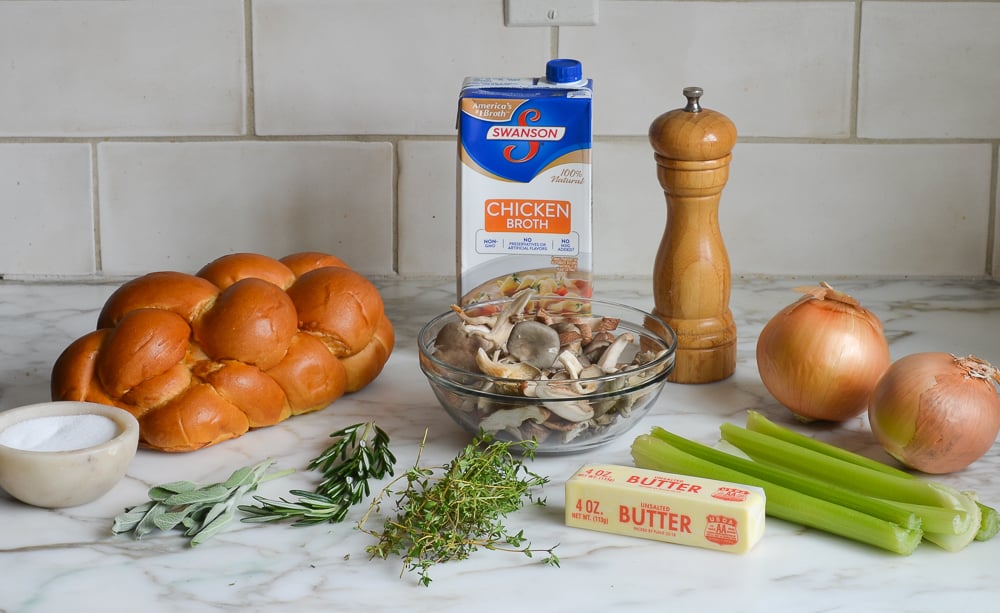 Stuffing ingredients including broth, butter, and herbs.