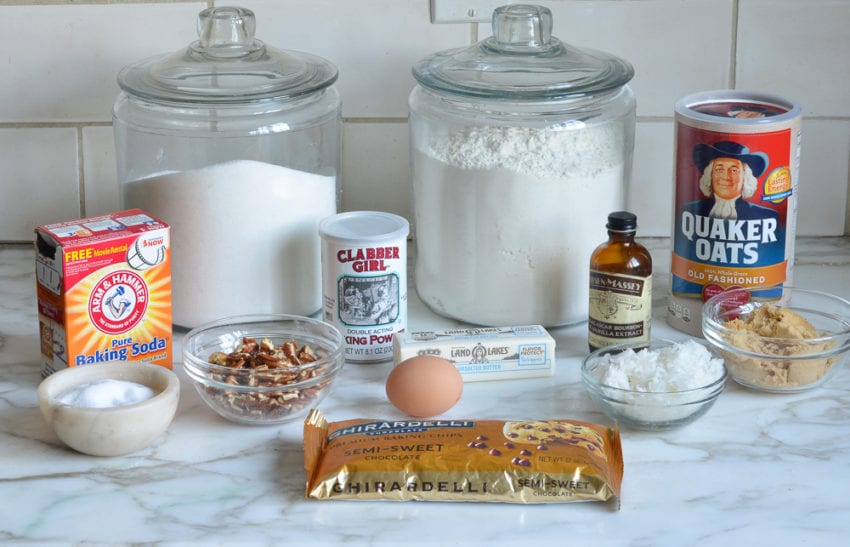 Cookie ingredients including oats, vanilla, and flour.