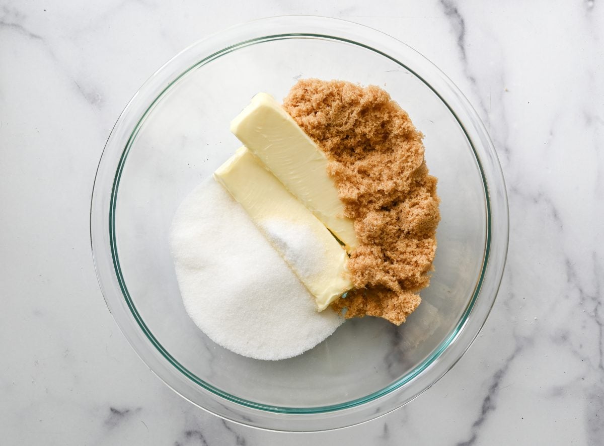 butter and sugars in mixing bowl