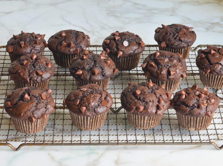 Chocolate muffins on a wire rack.