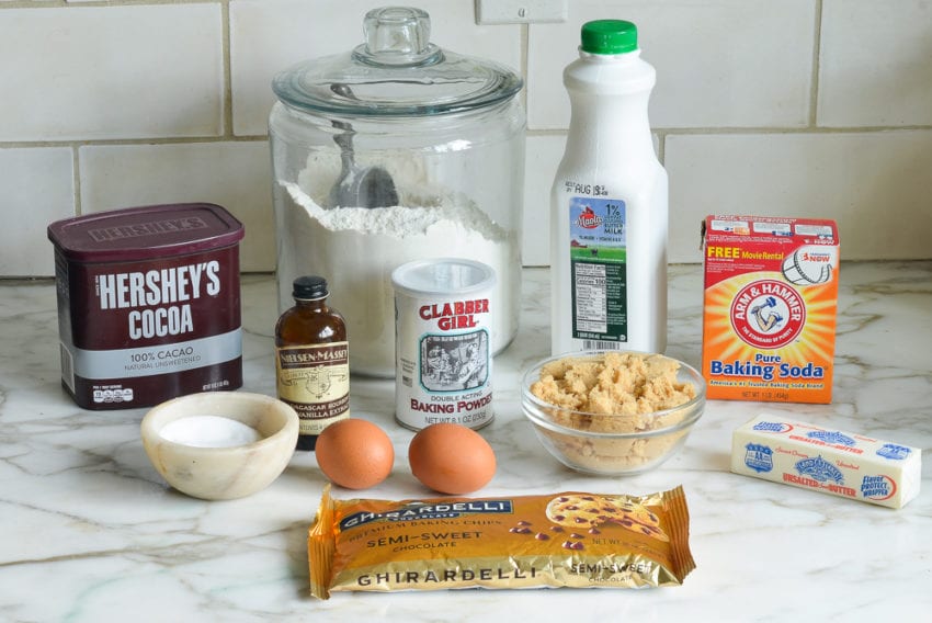Muffin ingredients including vanilla, cocoa, and eggs.