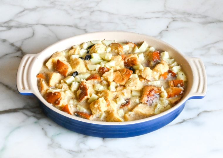 apple rum raisin bread pudding ready to bake