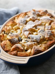 Dish of apple rum raising bread pudding.