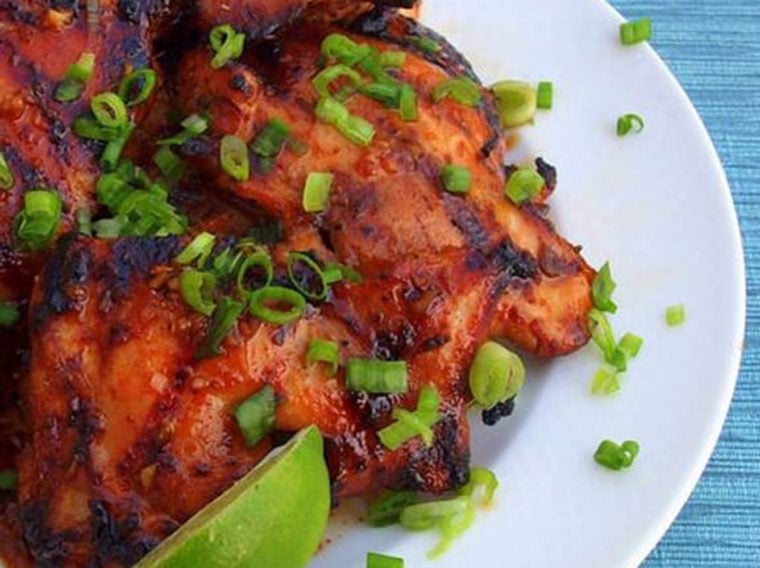 Plate of Asian barbeque chicken.