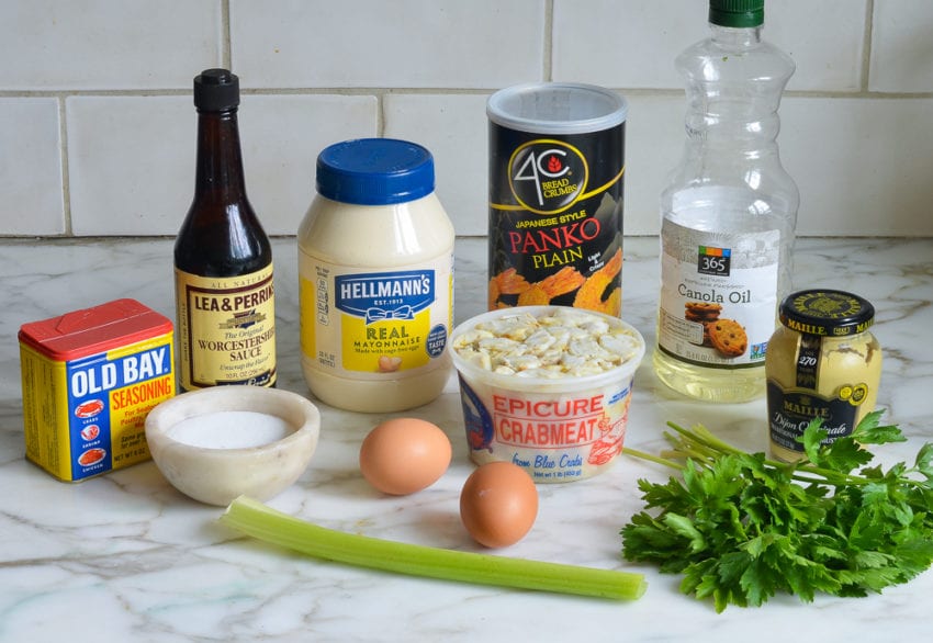 Crab cake Ingredients including panko, mayonnaise, and Worcestershire sauce.