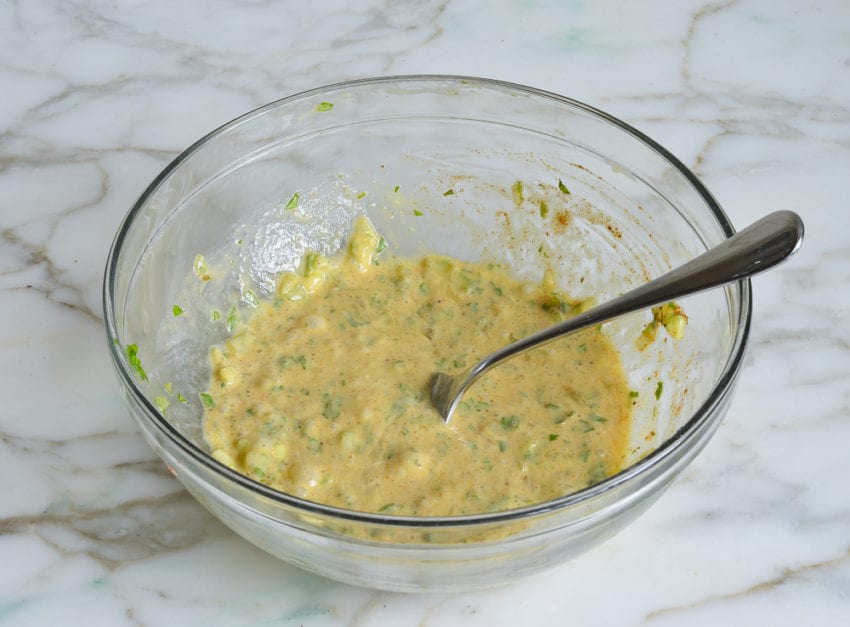 Egg and mayonnaise mixture in a bowl.