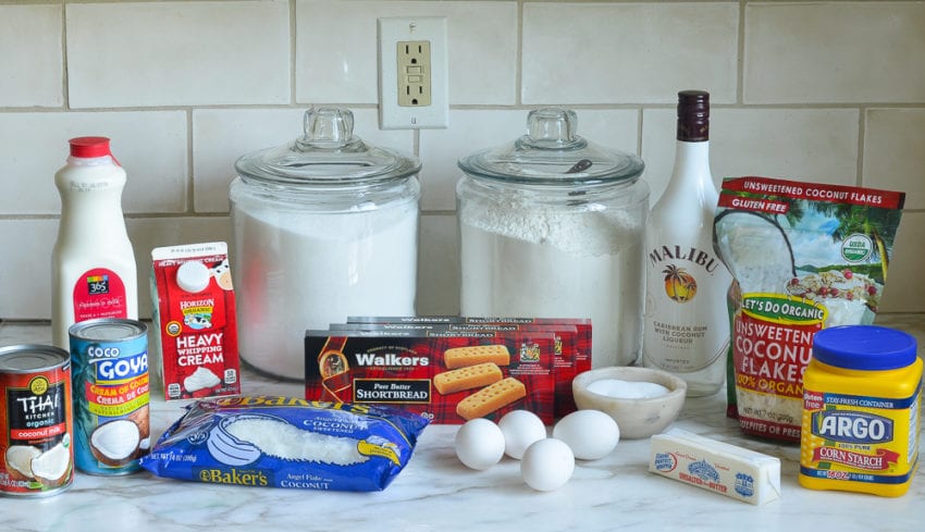 Pie ingredients including Malibu, shortbread, and heavy cream.