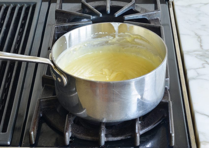 Pan of thickened egg mixture.