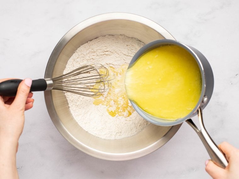 adding milk/butter mixture to dry ingredients