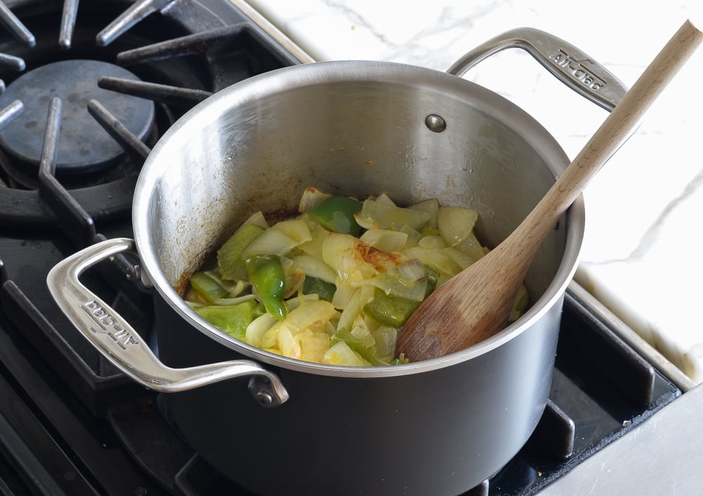 Pot of cooked vegetables.