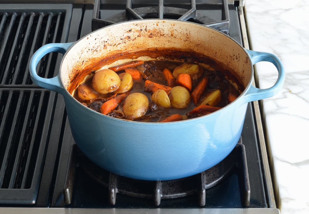 Dutch oven of beef stew.