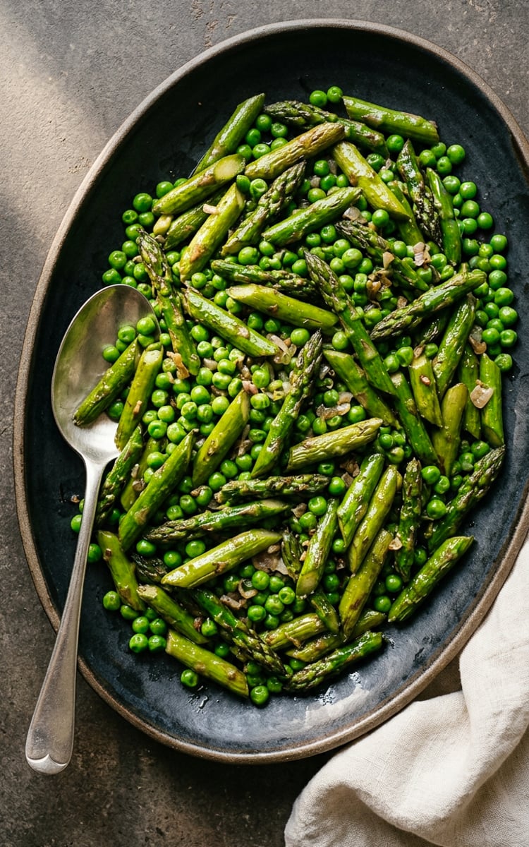 Sautéed asparagus and peas on serving platter.