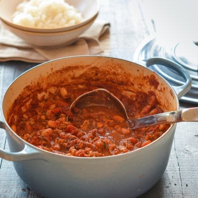 Dutch oven of chicken chili.