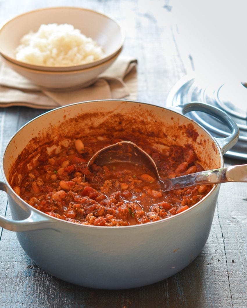 Dutch oven of chicken chili.