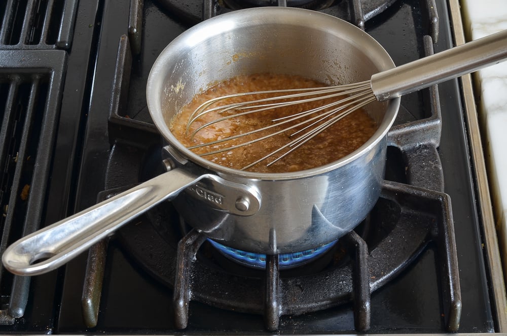 Sauce pot of boiling toffee.