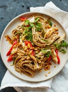 Plate of soba chicken noodle salad with ginger peanut dressing.