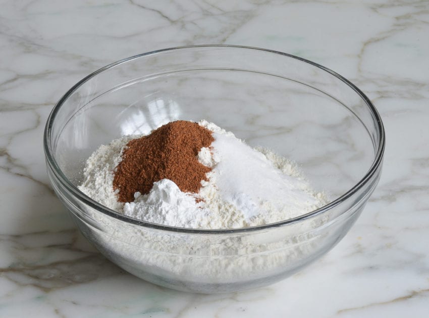 Bowl of unmixed dry ingredients.