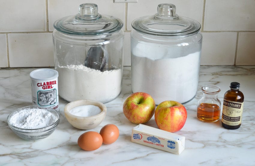 Cake ingredients including egg, butter, and baking powder.