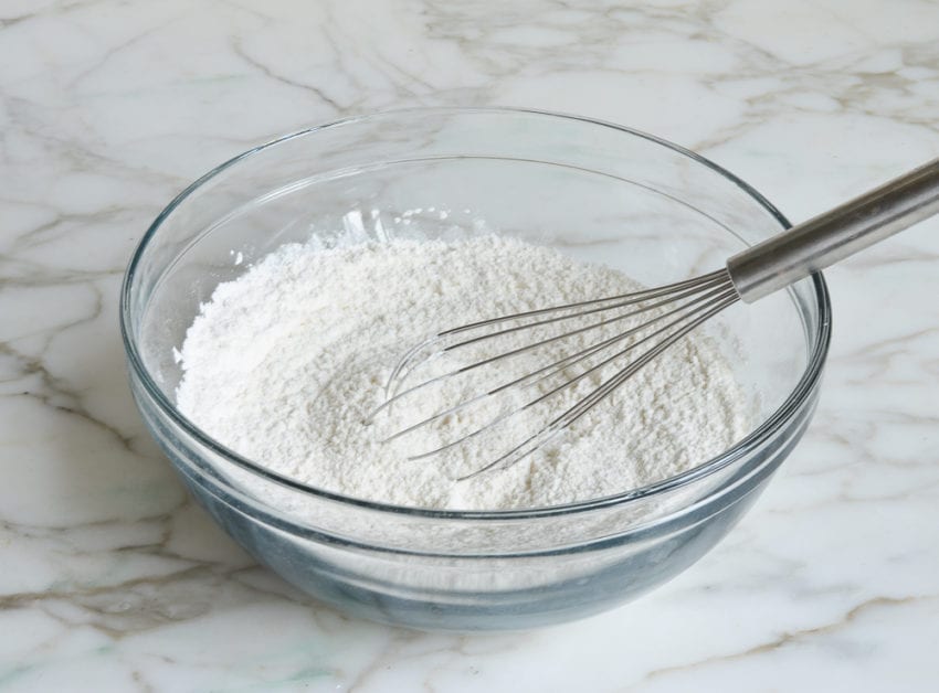 whisked dry ingredients for making chocolate chip scones in a mixing bowl