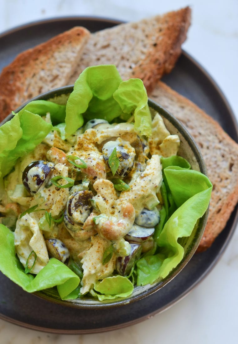 Bowl of curried chicken salad.