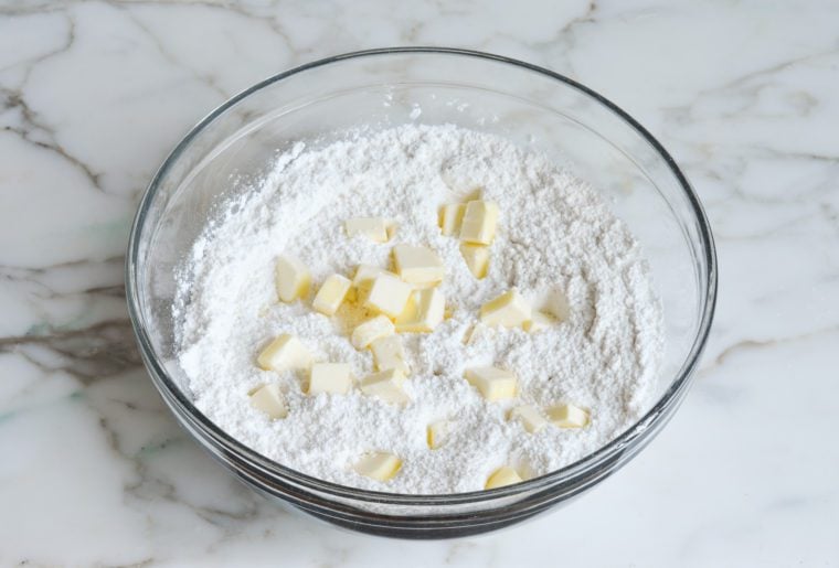 cold butter cubes added to dry ingredients