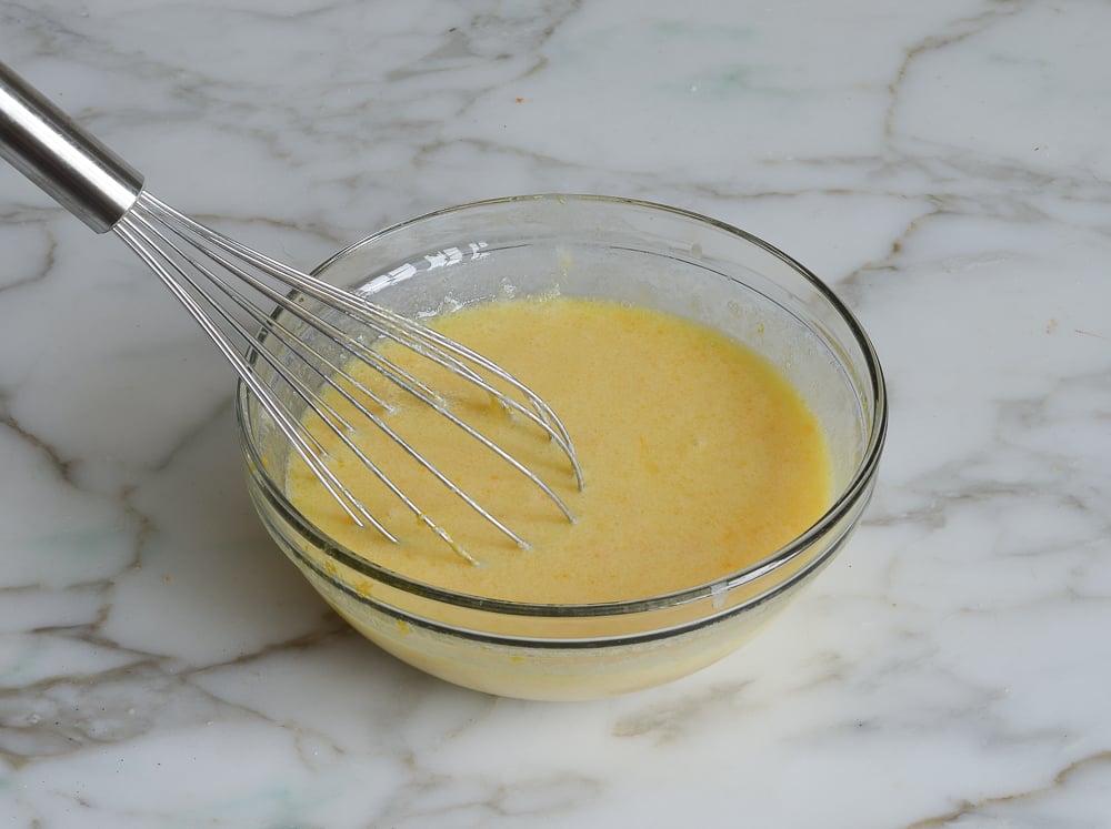 Whisk in a bowl of wet ingredients.