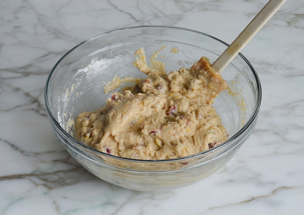 Bowl of cranberry nut bread dough.