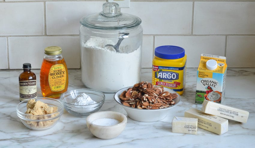 Pecan square ingredients including corn starch, honey, and butter.