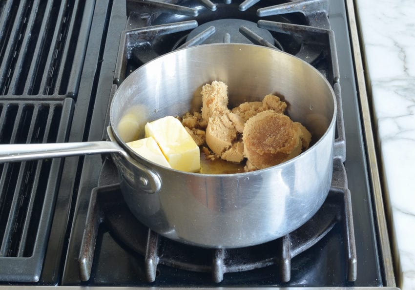 Sauce pan of butter, sugar, and flavorings.