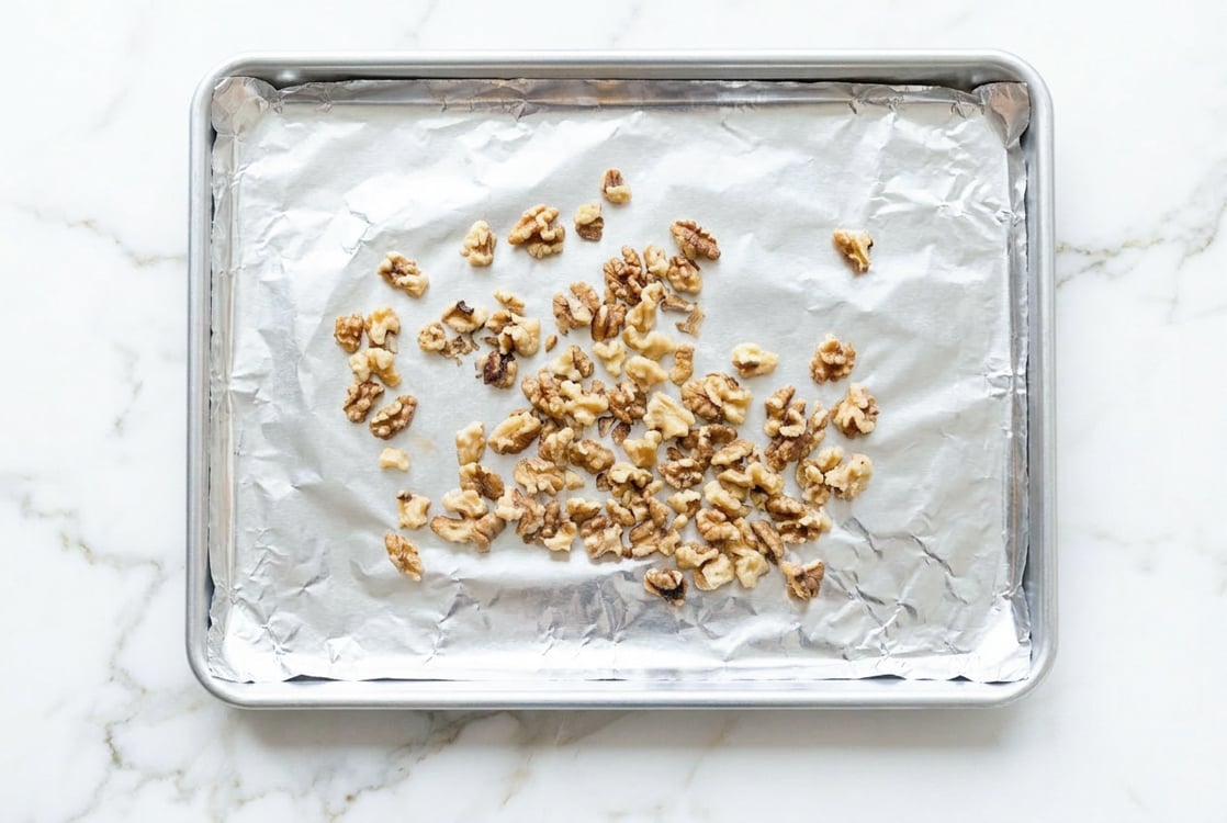 Walnuts on lined baking sheet.