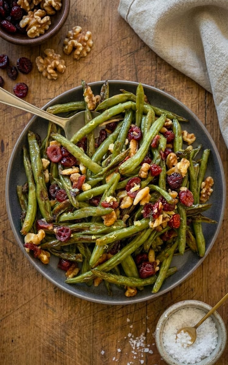 Roasted green beans with cranberries and walnuts