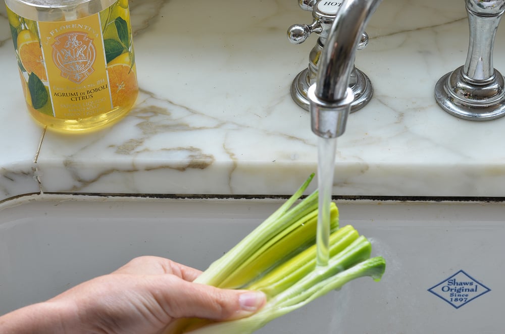Person washing leeks under running water.