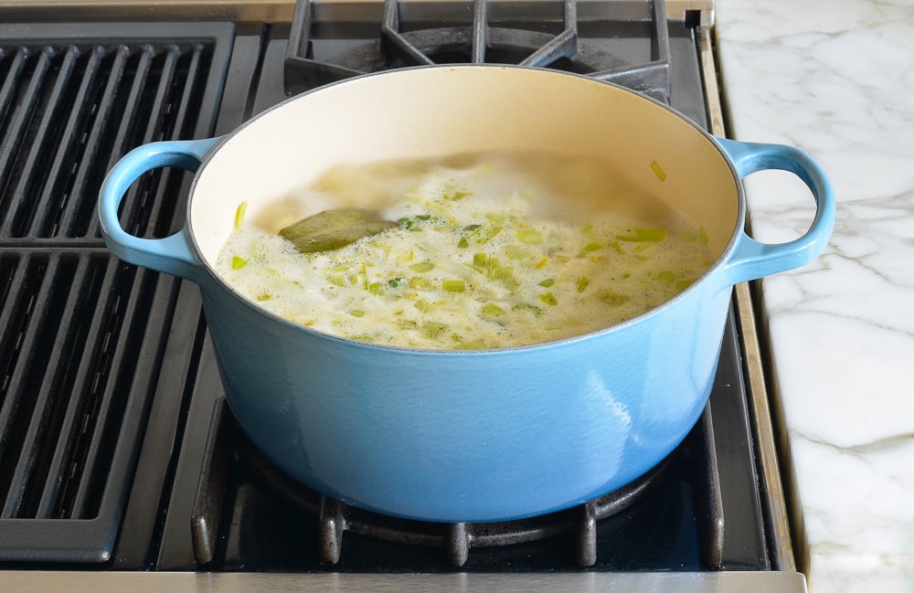 Broth boiling in a Dutch oven.