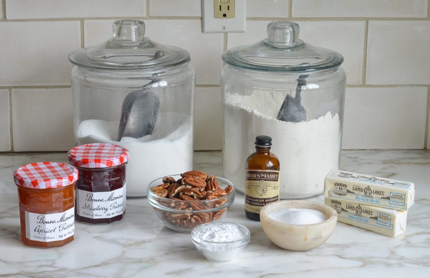 Cookie ingredients including jam, vanilla, and sugar.