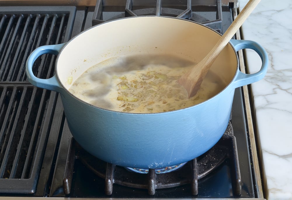Dutch oven of simmering broth.