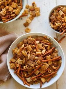 chex mix in bowls.