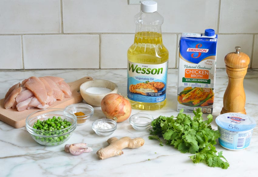 Curry ingredients including ginger, chicken broth, and vegetable oil.