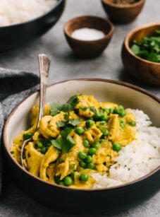 Chicken curry and rice in a bowl.