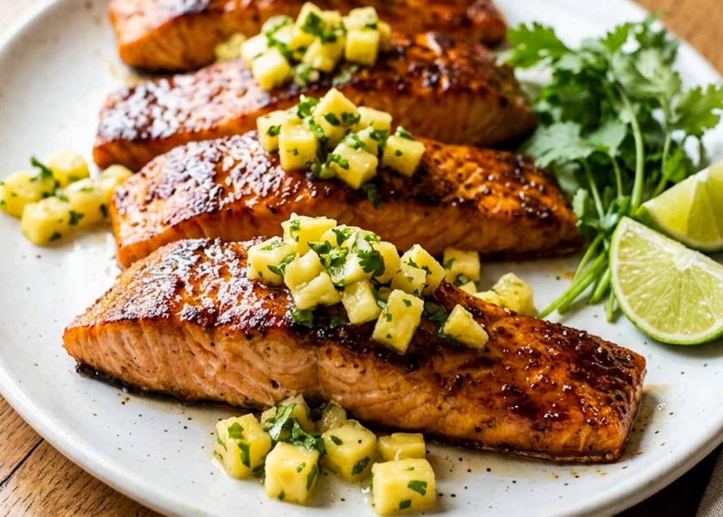 salmon on platter topped with pineapple salsa