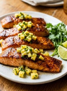 Salmon pieces on platter topped with pineapple salsa.